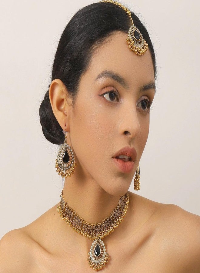 Cykdohy Ethnic Indian Jhumka Tassel Rhinestone Choker Necklace Earrings Maang Tikka 3 Pcs Set Oxidized Ancient Gold Bohemian Traditional Jhumki Pendant Crystal Retro Bollywood Statement Gypsy Wedding Bridal Jewelry for Women (Black) - Image 4